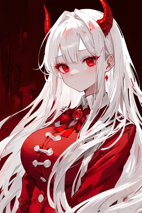 Silver hair, red eyes, long hair, white devil horns, red devil wings, G_CUP (HUGE_CHEAST), pretty face, cute face, brown suit, red dress shirt 