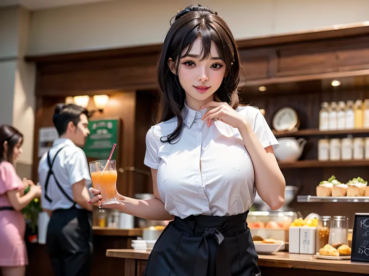 (Female cafe clerk)、group_mf, opll, 
(RAW Photos)、(Real、Photorealistic、Photo-Realistic:1.37)、(ultra detail)、(Highest quality、8k、High resolution、masterpiece:1.2)、((Angle from below))、Back view、(Perfect Anatomy:1.5)、((Beautiful Eyes))、(Beautiful and well-pro...