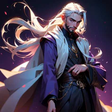 envision a 8k, highres, cinematic, detailed, semi realistic close up face pinup of a handsome young man, a slender skinny body short beard, and long white hair, blue eyes, Purple Robes, (((1boy))), in dark lighting, against a dark background