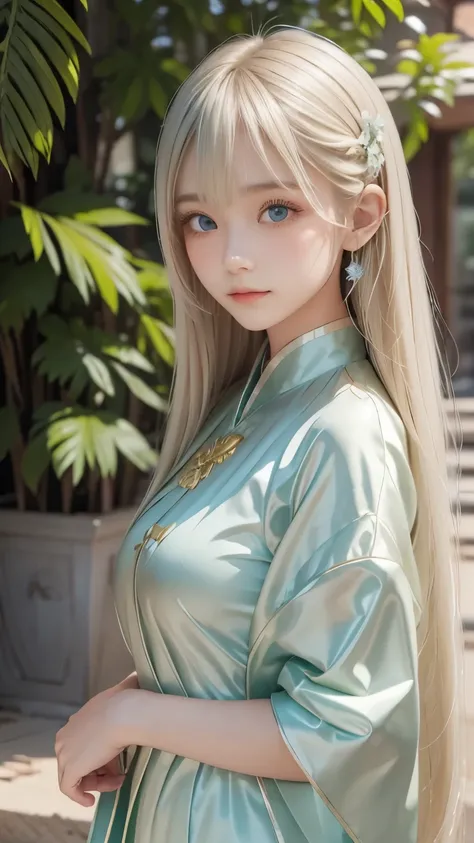 Exquisite face, green Vietnamese traditional costume, platinum blonde silk super long straight hair, beautiful shiny bangs, big clear sky blue eyes, very beautiful and bright eye highlights