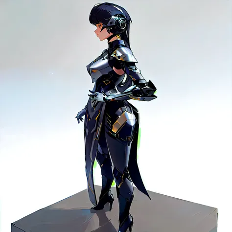 sleek futuristic armor, metallic and black design, standing confidently, hand on hip, looking to the side, high-heeled boots, minimalist background, strong lighting from the front, sharp shadows, high-tech and sophisticated atmosphere, front view with slig...