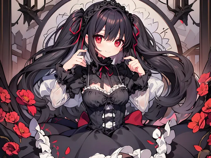 1 girl,
,
red eyes,
twin tails,
dark hair,
small breasts,
A very big ribbon in the hair,
Very cute smile and pose,
BREAK,
Gothic moe dress with long sleeves,
very elaborate dress with many ruffles and lace,
Long skirt with multiple layers of skirts of diff...