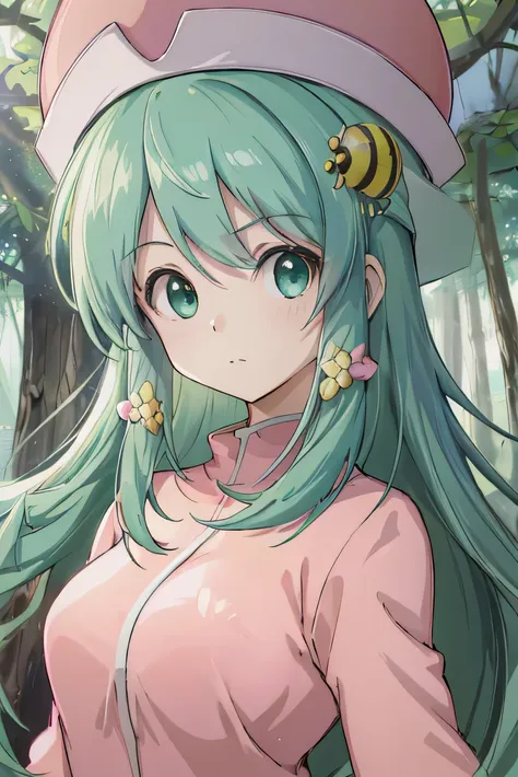 highest quality, masterpiece, high resolution, detailed, digital art, hxhponzu, aqua hair, green eyes, have, round have, pink sh...