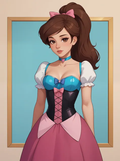 Princess Marco. brown eyes, brown hair, ponytail. small breasts. choker. bow. princess dress. latex dress. corset
