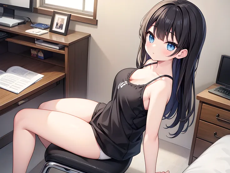 masterpiece,best quality,extremely detailed, 1girl,bangs,black straight hair,black loose camisole,girls room,desk,sit on chair,(from side,from above),
BREAK breasts are visible through the gap in camisole,bow white panties,