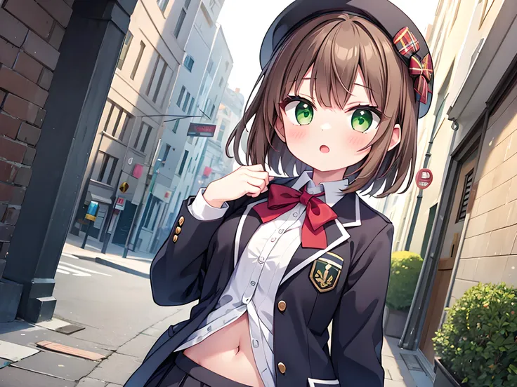 masterpiece, best quality, very aesthetic, absurdres
1girl, solo, bangs, beret, blush, brown hair, eyebrows visible through hair, green eyes, hat, light brown hair, navel, open mouth, short hair,
school uniform, blazer, ribbon, tie, pocket, girly, skirt, p...