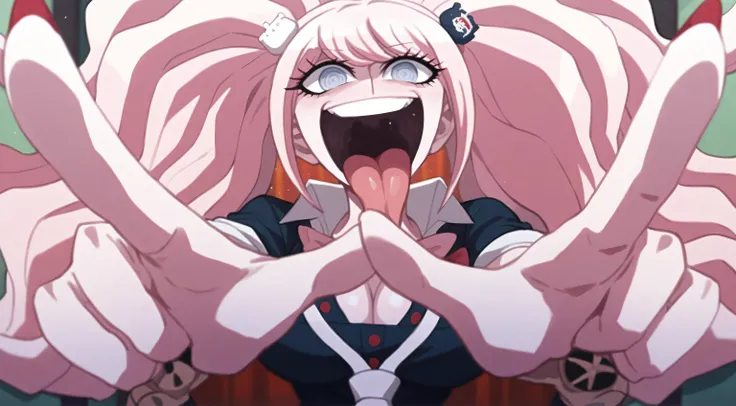 Masterpiece, best quality, Masterpiece, best quality, 1 woman, Junko (danganronpa) , pink hair , An aggressive expression on his face. , big breasts , Open your mouth wide , long tongue , Reach out your hand , abandoned factory