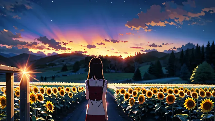 (masterpiece:1.4), (Highest quality:1.4), Sunflower field、Starry Sky、Girl Looking at the Sky、One person、night、Very detailed, Complex, Super detailed, 4K、8k