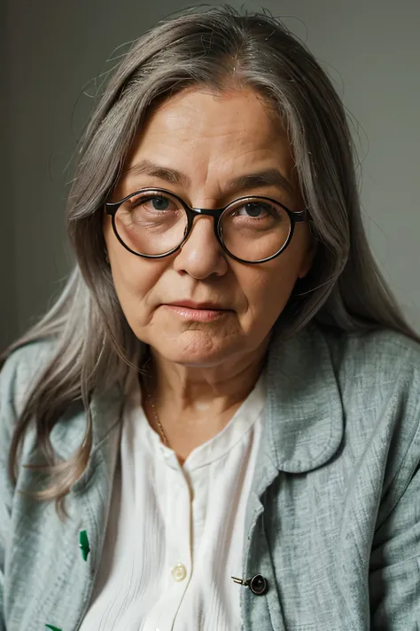 old woman, around 70 years old, fat, wears glasses, long hair, gray hair, white shirt, green jacket, close up, studio photo, empty background