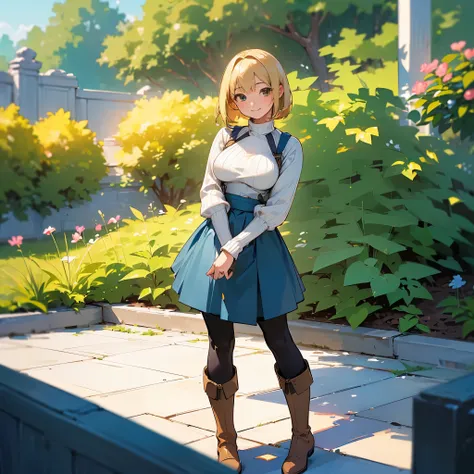 (high quality, High resolution, Very detailed, reality:1.37), Peaceful atmosphere, (Outdoor, garden), Teenage girl standing alone, (my breasts are big.), Beautiful details, Cute Smile, (Blonde Bob Hair), Ribbed sweater, Blue Skirt, Black tights, Brown boot...