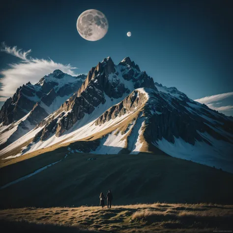 work of art, best qualityer, ultra detali), music cover where there is a grassy mountain with a big moon in the background and a couple holding hands while looking at the moon