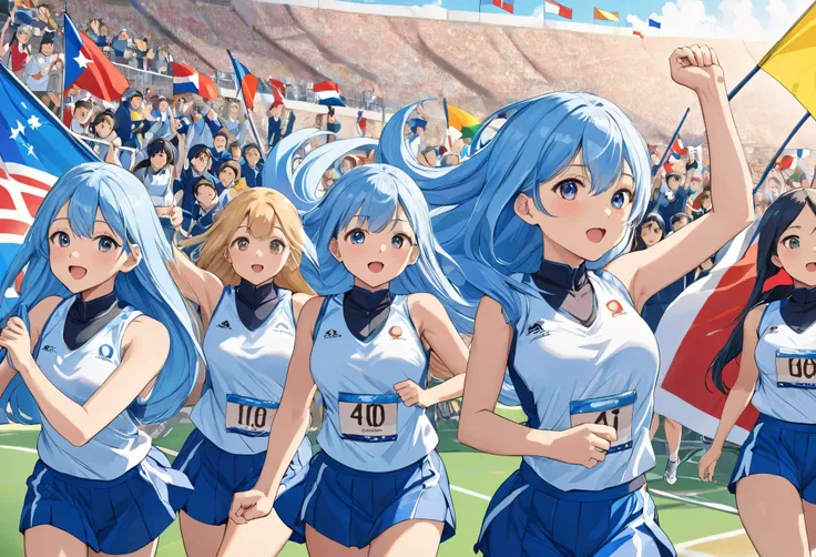 masterpiece, Super high quality anime style illustrations, 8k, ((sports meeting　400m relay)), Clear blue sky、Very beautiful beautiful girl、Light blue long hair、Running desperately、sports meetingの楽しい風景、There are students cheering around、Flags of various cou...