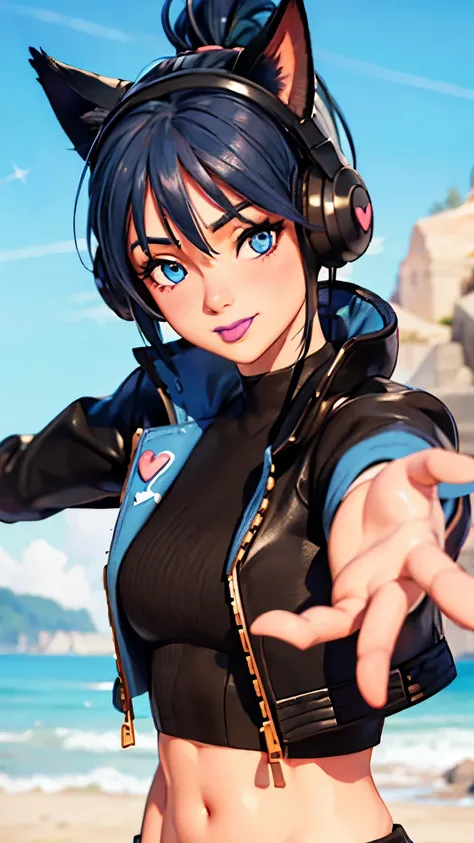 SplitScreen, split screen, Beach background, 2D, heart-shaped_pupils, 1girl, blue hair, ponytail, short hair, blue eyes, eyeshadow, (blush:1.1),upper body,heart, (speed lines:1.1),medium breasts, outstretched arms, love, heart, black jacket, jacket crop to...