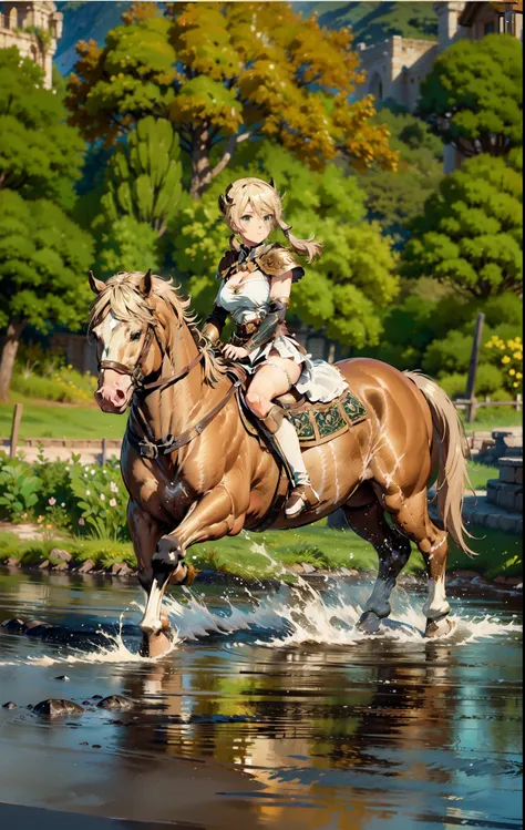 ((best quality)), ((anime masterpiece)), (high detailed), 8k, cinematic lighting, perfect face, female knight riding a HORSE, (amy, twin pig tails, {blond hair}, {green eyes}, medium breast, cleavage), (brown armor, brown pauldron, white miniskirt, bare le...