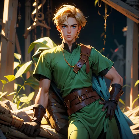 envision a 8k, highres, cinematic, detailed, semi realistic pinup of a handsome young man, a slender muscular body, ((clean shaved face)), and short shaggy blonde hair, blue eyes, Link, Green Tunic, Leather gloves, leather boots,  (((1boy))), in dark light...