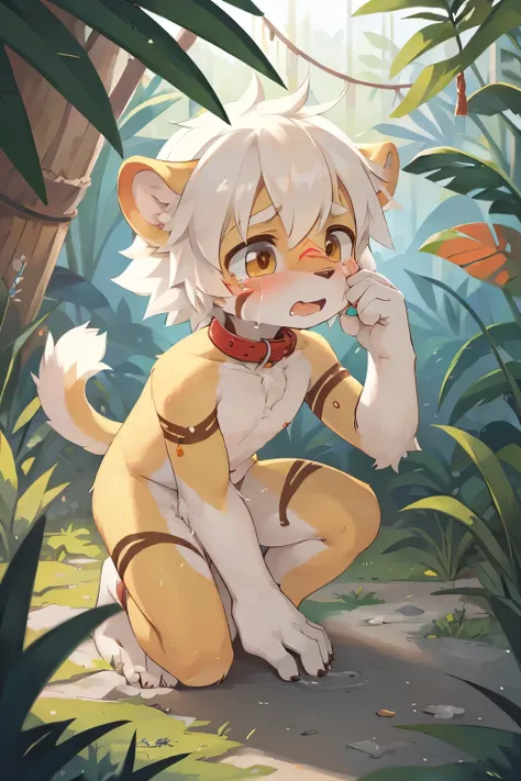 Super high resolution, detailed background, Kemoshota, furry pale yellow lion cub Shota boy, white hair, innocent kindergarten boy, naked, tail, crying, embarrassed, collar, bound, punishment, pelvic thrusts, close-up, nipples, micro penis,  flaccid small ...