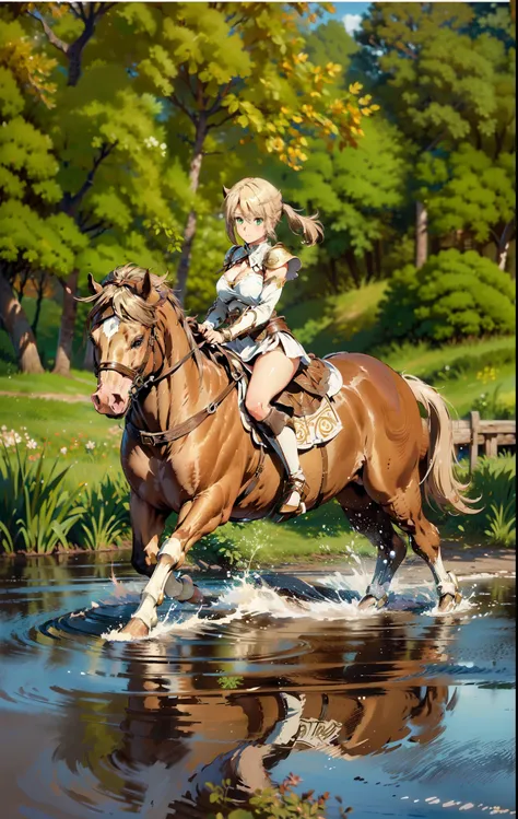 ((best quality)), ((anime masterpiece)), (high detailed), 8k, cinematic lighting, perfect face, female knight riding a HORSE, (amy, twin pig tails, {blond hair}, {green eyes}, medium breast, cleavage), (brown armor, brown pauldron, white miniskirt, bare le...