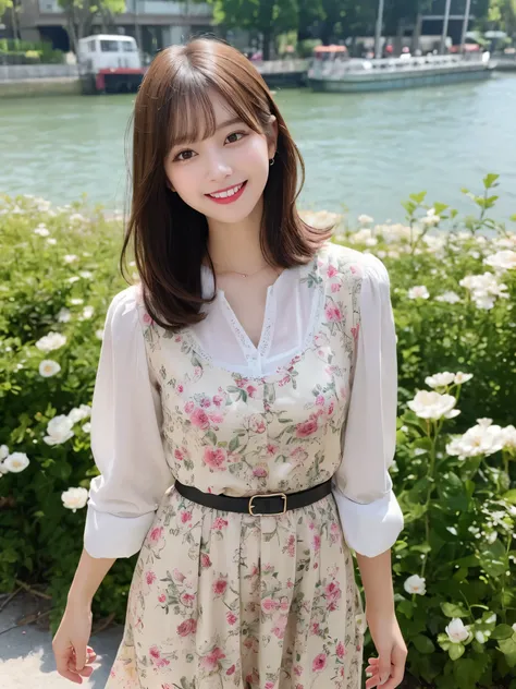  1girl, cute, beautiful, solo, highres, best_quality, masterpiece, detailed_background, intricate_details, beautiful, short_hair, fashionable_clothes, walking_pose, riverside, spring, smile, looking_at_viewer, dynamic_pose, natural_pose, candid, happy