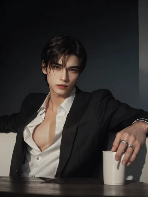 relaxed pose, leaning back, short dark hair, wearing a black suit jacket over a partially unbuttoned white dress shirt, holding ...