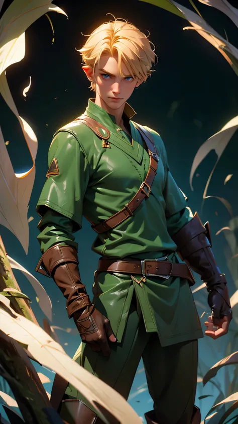 envision a 8k, highres, cinematic, detailed, semi realistic pinup of a handsome young man, a slender muscular body, ((clean shaved face)), and short shaggy blonde hair, blue eyes, Link, Green Tunic, Leather gloves, leather boots,  (((1boy))), in dark light...