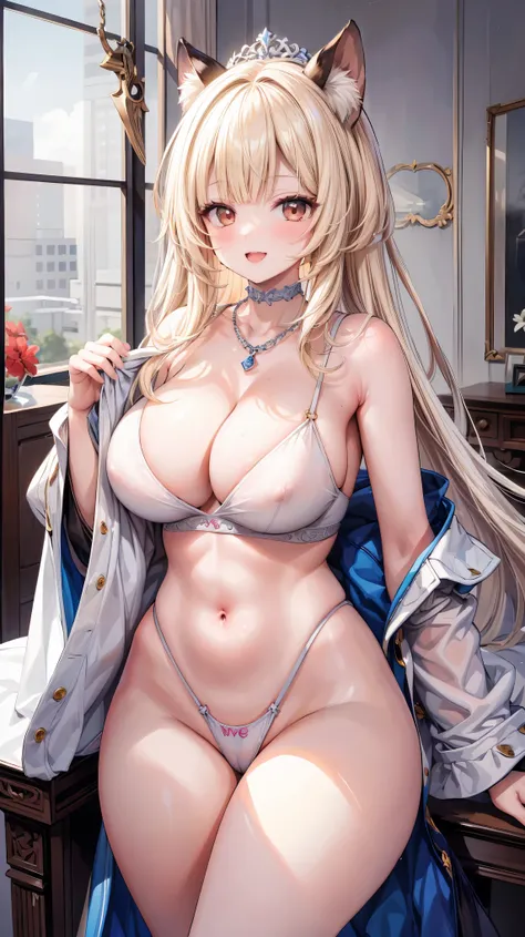 Very detailed、Highest quality、A masterpiece、8k、Blonde Long Hair、Open mouth smiling、Large Breasts、Cowboy Shot、Wearing high leg thong、SFW Giant Body、necklace