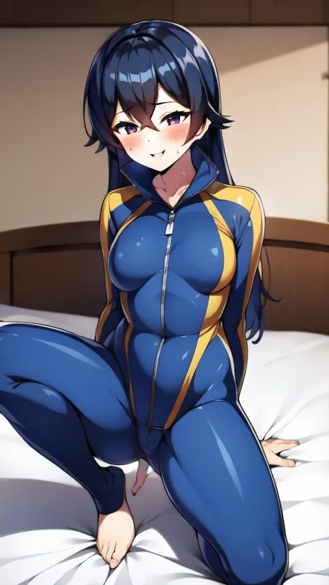 （（super high quality,））（（Ultra-high resolution,））（16K,）（super masterpiece,）（（Ultra HD ,））（Detailed shading,）（（Full Color,））Full body photo,Bedroom in the morning sun,Lying on a white bed,One Girl,（（A shiny navy blue skin-tight sweatsuit,Undressed from neck...