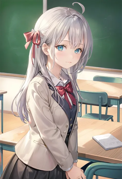 an illustration of a young girl with long white hair and blue eyes. She is wearing a white dress with a red bow on her head and a beige blazer over a black skirt. She has a serious expression on her face and is leaning on a desk in front of a green chalkbo...