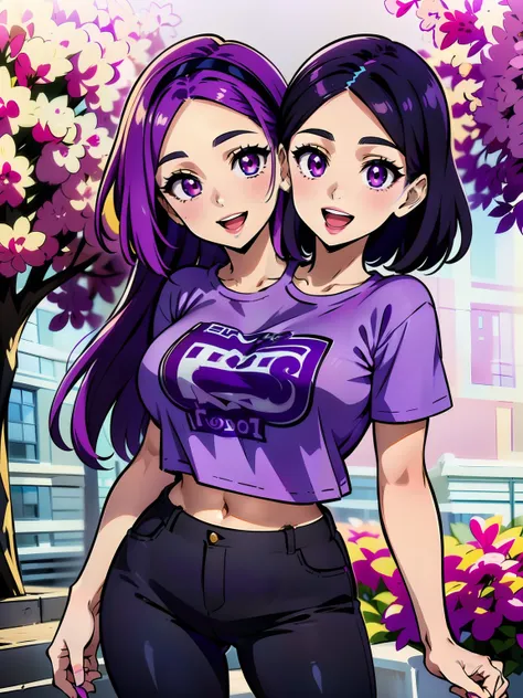 ((best quality), (high quality), (detailed), (masterpiece), good artist, (2heads:1.5), 1girl, violet hair, magenta eyes, headbands on each head, casual wear, gentle smile, open mouth (purple t-shirt), black pants, A girl with beautiful detailed eyes, (deta...