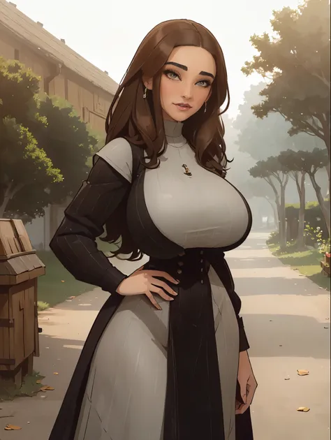 Gorgeous and sultry busty athletic (thin) brunette peasant with sharp facial features wearing a modest updo, medieval hair cover, rough-spun grey and brown medieval dress, long sleeves, wide neck, long dress, tight bodice, corset, Middle Ages, cottage, far...