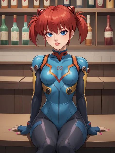 ranma saotome. red hair. blue eyes. pigtail. small breasts. choker. evangelion cosplay costume. fallout vault suit. pink eyeline...