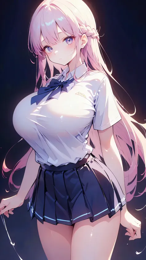 Ultra-high resolution, 8k,high quality,(((Ultra-short stature,Gargari body)),cowboy shot , ((no hat:1.3))),Slender,Cute hairstyle,,(iridescent light,soft shadow,Anime Painting,thin line drawing),((((((super enormous cartoon-like breasts)),school uniform,Gi...