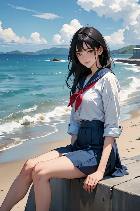 Beautiful One Japan Woman、Hair color is black、black eye、Medium Hair、Straight hair、smile、Slim but well-proportioned body,、sit on a high breakwater on the beach、The blue sky is beautiful、There is an entrance cloud、summer、Im wearing a sailor suit、Wearing a na...