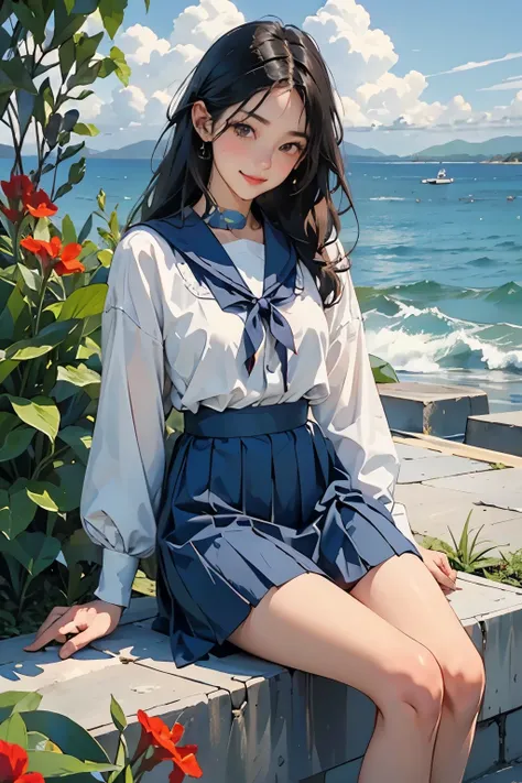 Beautiful One Japan Woman、Hair color is black、black eye、Medium Hair、Straight hair、smile、Slim but well-proportioned body,、sit on a high breakwater on the beach、The blue sky is beautiful、There is an entrance cloud、(Red canna flowers blooming)、summer、Im weari...