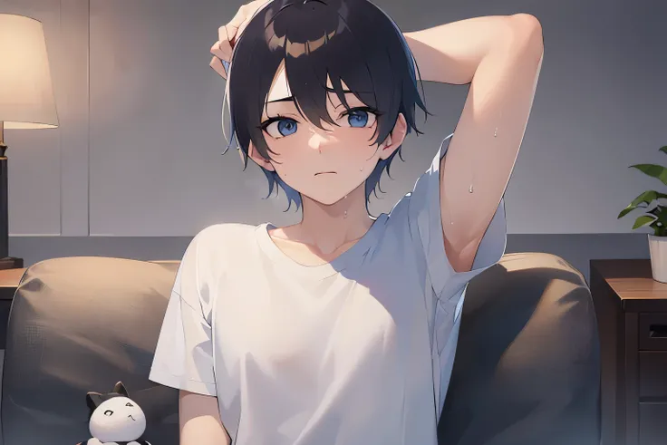 (arms behind head:1.3), upper body、masterpiece、Highest quality、(2 male:1.5) and (Black short hair) and (blue eyes), (White T-shirt)、Grey sweatpants、confused, (sweat:1.2), The background is the living room at night、sofa、Sitting、(Alone:1.5)