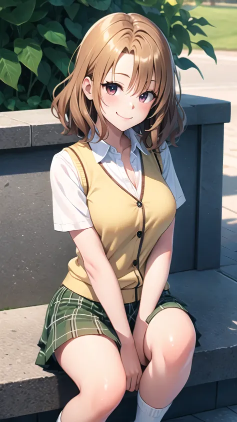 （（super high quality,））（（Ultra-high resolution,））（16K,）（super masterpiece,）（（Ultra HD ,））（Detailed shading,）（（Full Color,））One high school girl,Short wavy orange hair,A tight-collared white shirt,Unbutton up to the third button,Cream colored sweater vest,S...