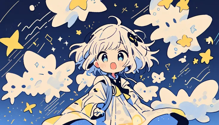 "A serene, hopeful scene of a young girl who has just completed her music, with a look of accomplishment on her face. Musical notes fly up towards the night sky, symbolizing the moment her music spreads into the world. The sky is filled with stars, creatin...