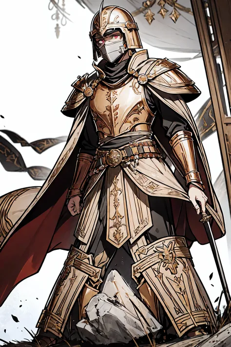 Tall, fit, lean, male, roman soldier, wearing light copper roman spartan armour, sword on waist, red eyes under helmet, black and gold cape, in battlefield, imposing, helmet covering face.