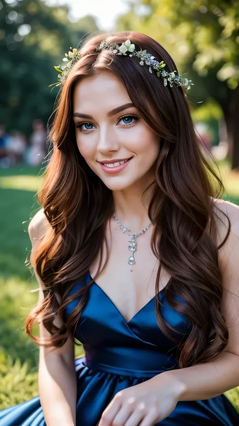 Realistic photo of the upper body of a red-haired flower girl aged 23 with long hair, beautiful smile and ready for a kiss. flower in hair, necklace, She smiles at the camera in a long A-line dress with straps made of shiny dark blue satin..., Park,Glamour...