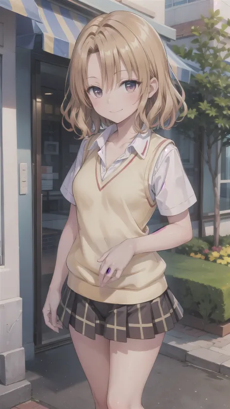 ((super high quality,))((Ultra-high resolution,))(16K,)(super masterpiece,)((Ultra HD ,))(Detailed shading,)((Full Color,))One high school girl,Short wavy orange hair,Open-collar white dress shirt,Unbutton up to the third button,Cream colored sweater vest,...