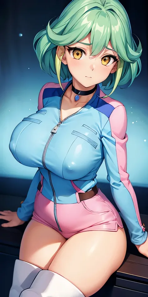 1 Female,High definition,high resolution,Ultra-realistic,8K, rin_arc_v,blue jacket,long sleeves,black choker,pink shorts,white thighs boots, multicolored hair,yellow eyes,European,sexy,Upper body close-up,Photographed from the front,Dynamic Angles,private ...