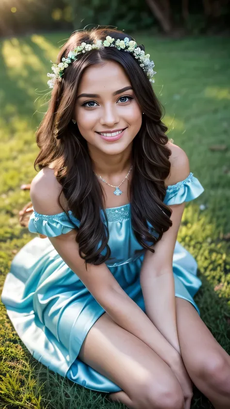 Realistic photo of the upper body of a dark skinned flower girl aged 23 with long hair, beautiful smile and ready for a kiss. flower in hair, necklace, She smiles at the camera in a long A-line dress with off-shoulder straps made of shiny light blue satin....