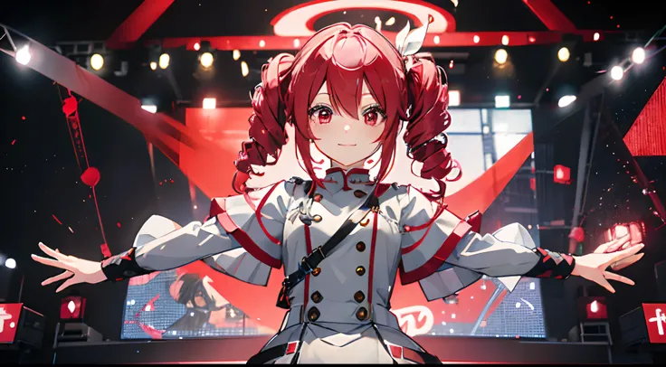 cute、One Girl、high quality、((masterpiece))、Tet、KasaneTeto、Twin Drill Hair、Smile in public、On Stage、Redhead、neat clothes of neat gray color,,,、Red curly hair like a drill、Red eyes、