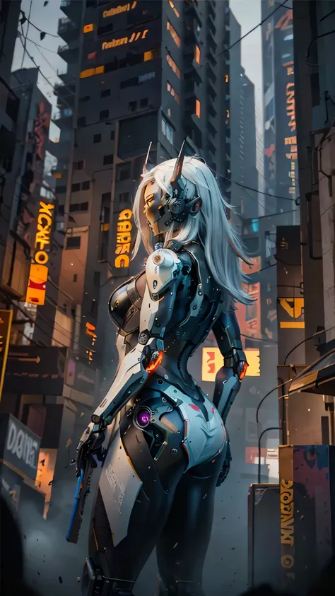 1girl, a beautiful girl cyborg cyberpunk with a cyberpunk city tall buildings, white hair, cybermask, white and orange and black machine suit color combination, the body full of machine, realistic futuristic hologram, asian skin tone, beautiful eye, beauti...