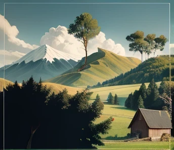 Mountains, skies, fields, and a farm under a big tree.