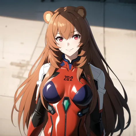 Raphtalia woman ,by naranjo, Red eyes, bear ears, defiant smile, big breasts, red eva pilot latex suit. background a futuristic military installation. Whole body. evangelion.