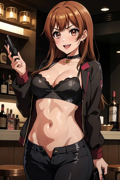 kyoko, headpones around neck, bangs, brown eyes, long hair,brown hair, seductive smile, blush, lipstick, jewelry, earrings, Hot girl, baddie, mean girl, sensual, attractive, mall, shopping center,indoors, bar background, inside bar, long sleeves, cleavage,...