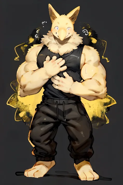 Furry, Anthro, solo, Hypno, Male, (((muscular body, massive male pectorals, yellow skin, fluffy neck, wearing white fur around neck, facing viewer))), ((((massive biceps, wide-eyed, head tilted,)))), ((((((massive bulky torso, head tilted, happy, smile, we...