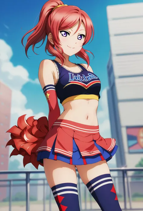 masterpiece, best quality, nishikino maki,red hair, medium hair, purple eyes , cheerleader top ,tank top, skirt, elbow gloves, mismatched thighhighs , standing, arms behind back, smile , love live , navel , ponytail 