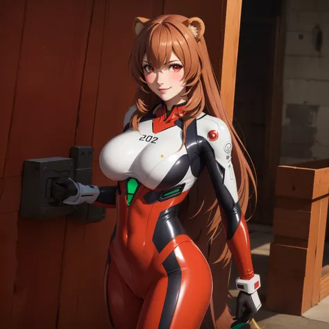 Raphtalia woman ,by naranjo, Red eyes, bear ears, defiant smile, blush, big breasts, red eva pilot latex suit. background a futuristic military installation. Whole body. evangelion. big breasts copa e.