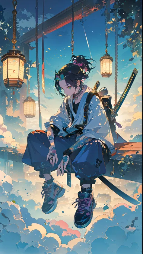 (high quality), (masterpiece), (detailed), 8K, (Lone samurai1.3) wearing hybrid (traditional robes and modern streetwear1.3) rests in (floating temple1.2) suspended above a (cloud-covered world1.3). His (ancient relic sword1.2) rests beside him as (soft li...